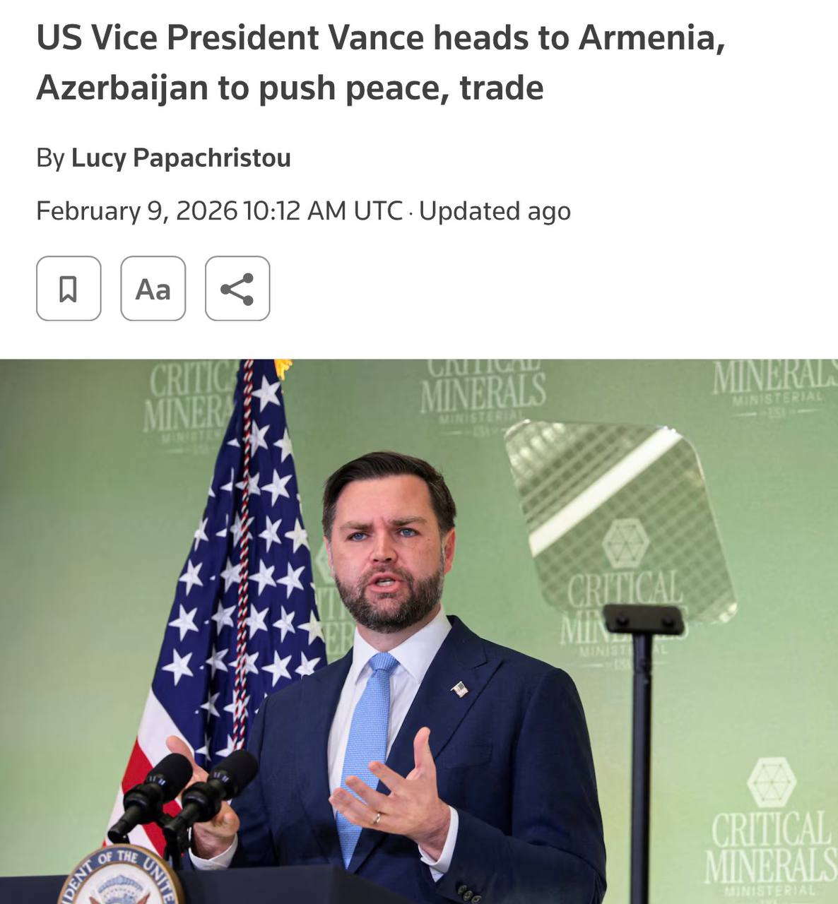 Вицепрезидент США Вэнс едет в Армению 3 ⚡️Вице‑президент США Вэнс едет в Армению и Азербайджан для продвижения мира и торговли, — Reuters.
Вэнс посетит Армению и Азербайджан, чтобы поддержать мирное соглашение при посредничестве США и продвигать «Маршрут Трампа для мира и процветания» (TRIPP) — стратегический коридор через Южный Кавказ. Он улучшит торговые и энергетические маршруты между Азией и Европой, минуя Россию и Иран, и может открыть доступ к критически важным минералам Центральной Азии для западных рынков, пишет агентство. Вэнс встретится с премьером Армении Пашиняном, затем поедет в Баку.
👉 Новости | INFOPULSE