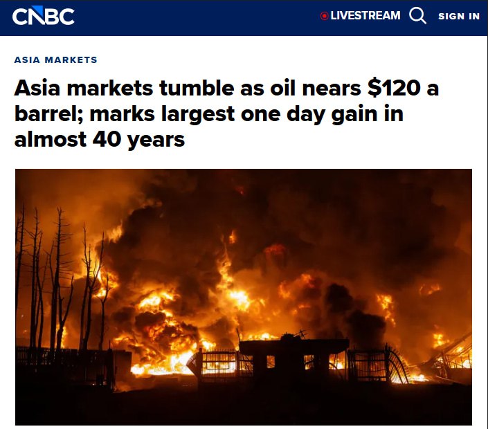 Нефть показала самый сильный однодневный рост почти за 40... 3 ⚡️Нефть показала самый сильный однодневный рост почти за 40 лет и приблизилась к $120 за баррель, — CNBC.
Brent и WTI за день выросли более чем на 25%. На фоне скачка цен обвалились азиатские фондовые рынки.
👉 Новости | INFOPULSE