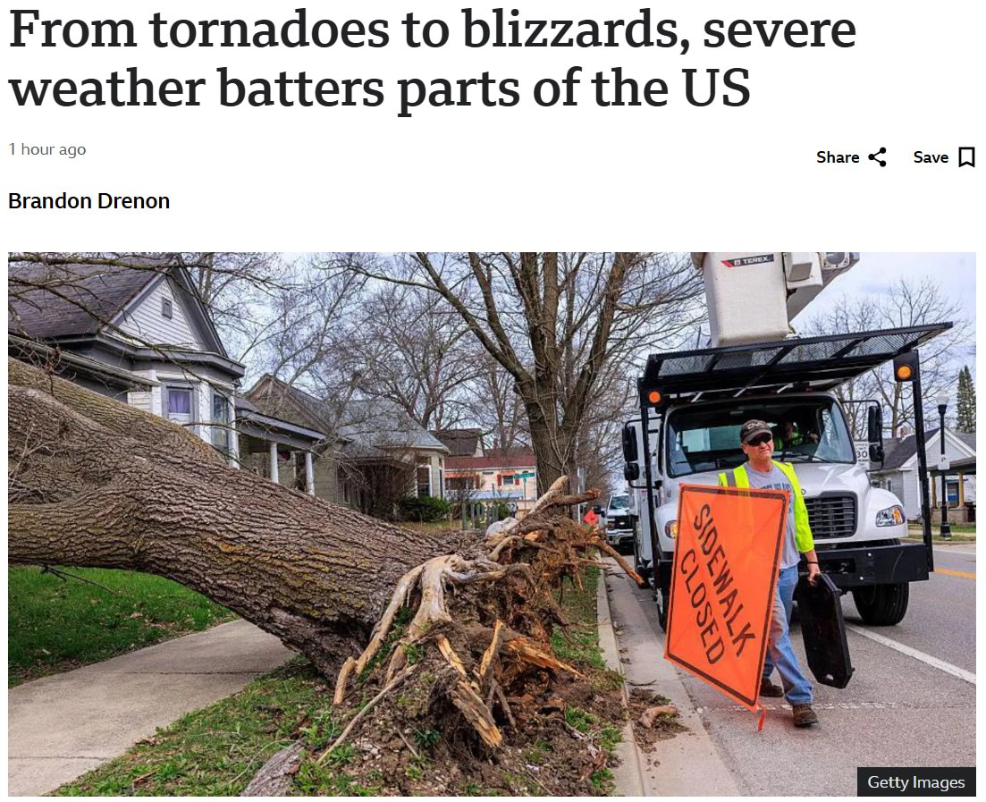 Мощный шторм сорвал 2000 рейсов и задержал еще 7000 3 ⚡️Мощный шторм сорвал 2000 рейсов и задержал еще 7000 в США, — BBC.
На восток США обрушилась непогода с торнадо, грозами, метелями и снегопадами. Более 11 млн человек предупреждены о метели, еще 4 млн — о зимнем шторме.
Без света остались свыше 500 тысяч потребителей.
👉 Новости | INFOPULSE